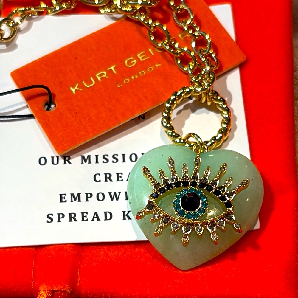 Kurt Geiger Gold Necklace with Green Quartz Heart Eye Pendant NWTS